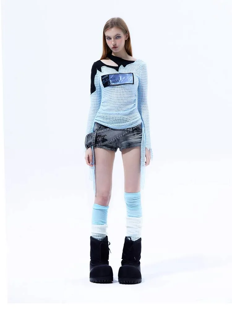 Asymmetric Acid Wash Denim Shorts with Wrap Detail