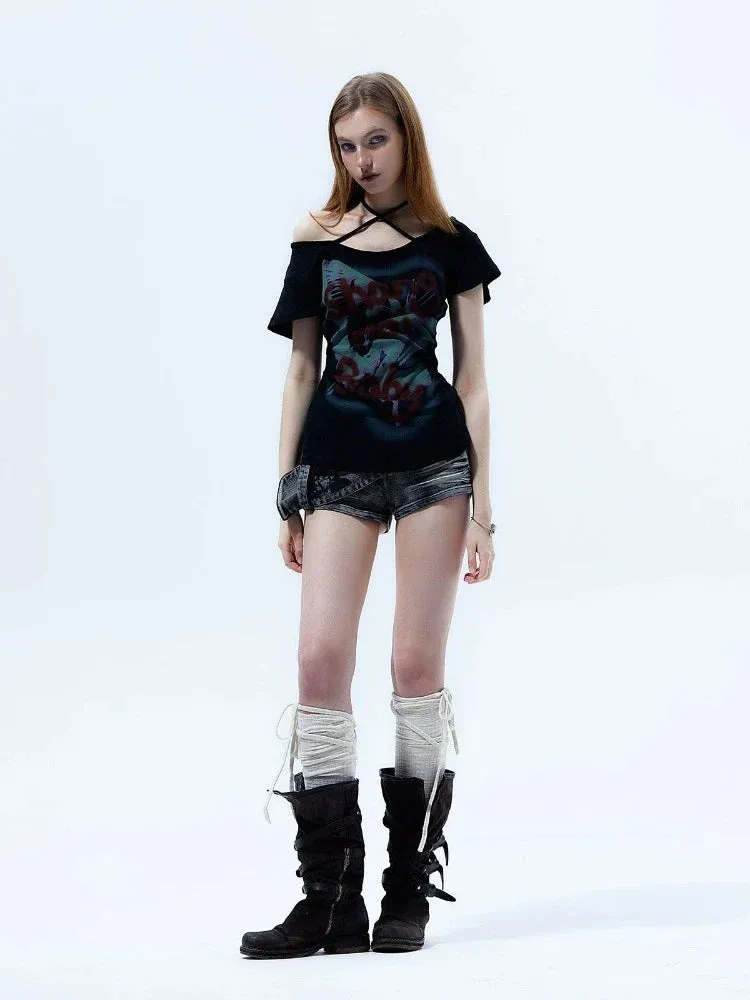 Asymmetric Acid Wash Denim Shorts with Wrap Detail