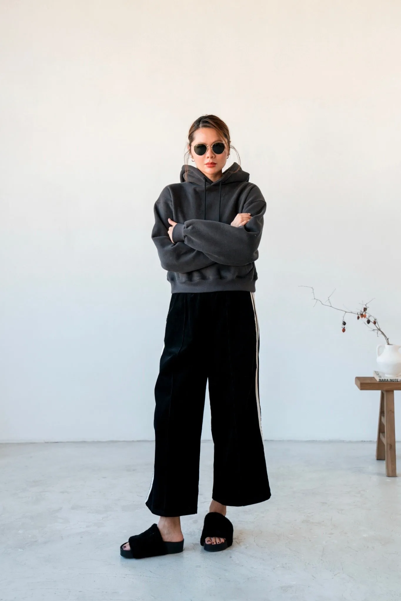 BLACK CORDUROY SPORTY TRACK PANTS