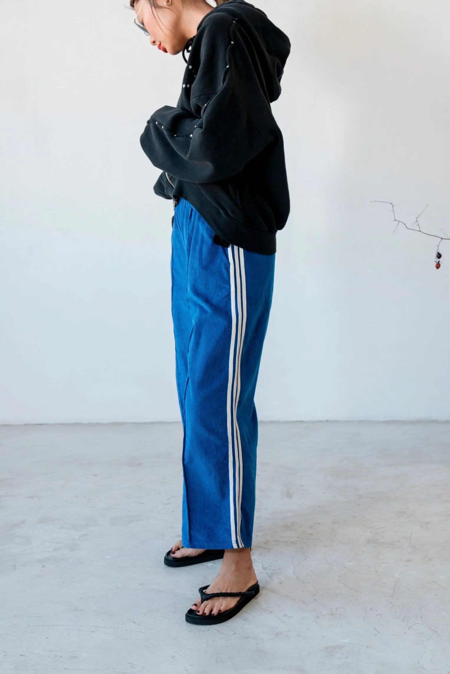 BLACK CORDUROY SPORTY TRACK PANTS