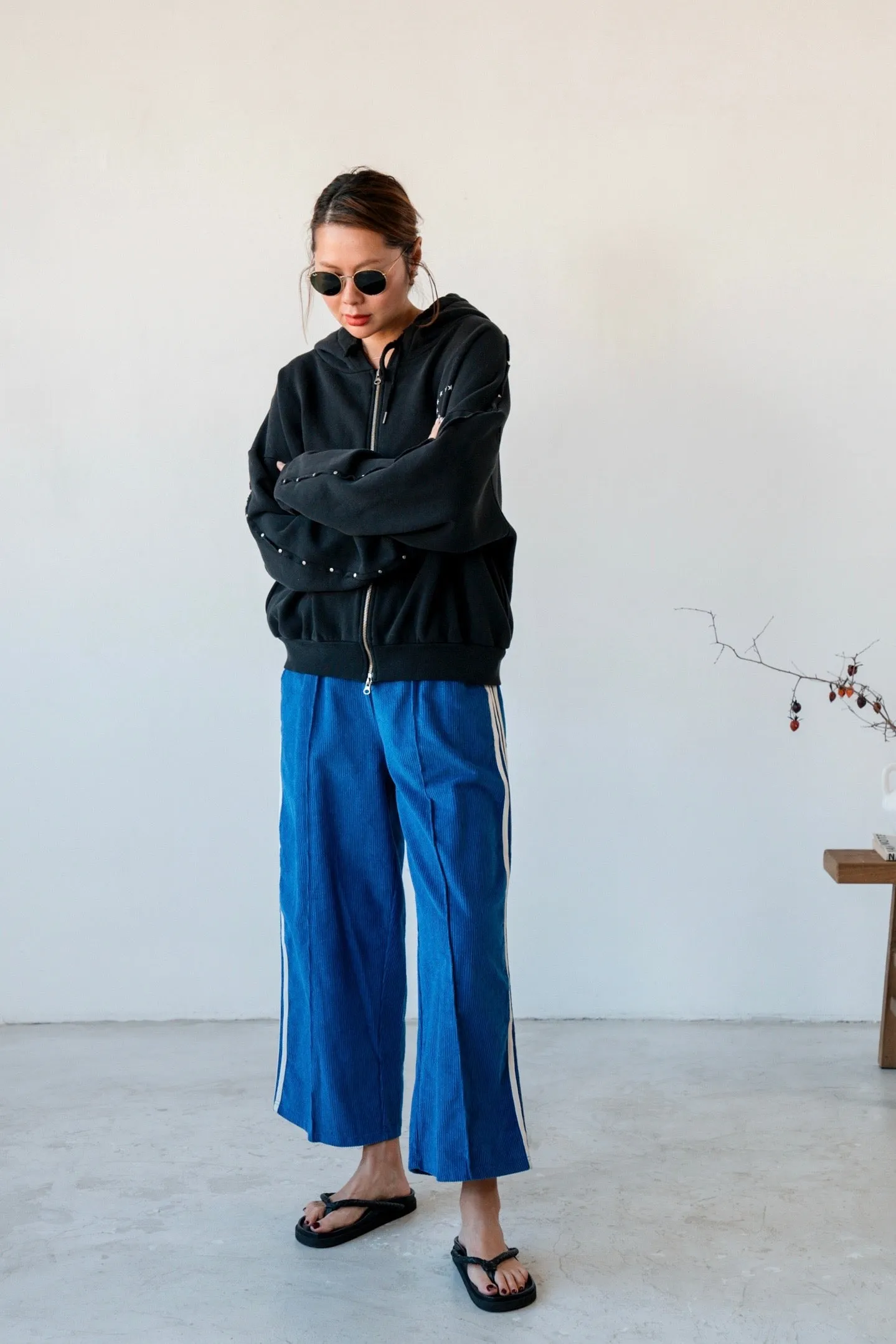 BLACK CORDUROY SPORTY TRACK PANTS