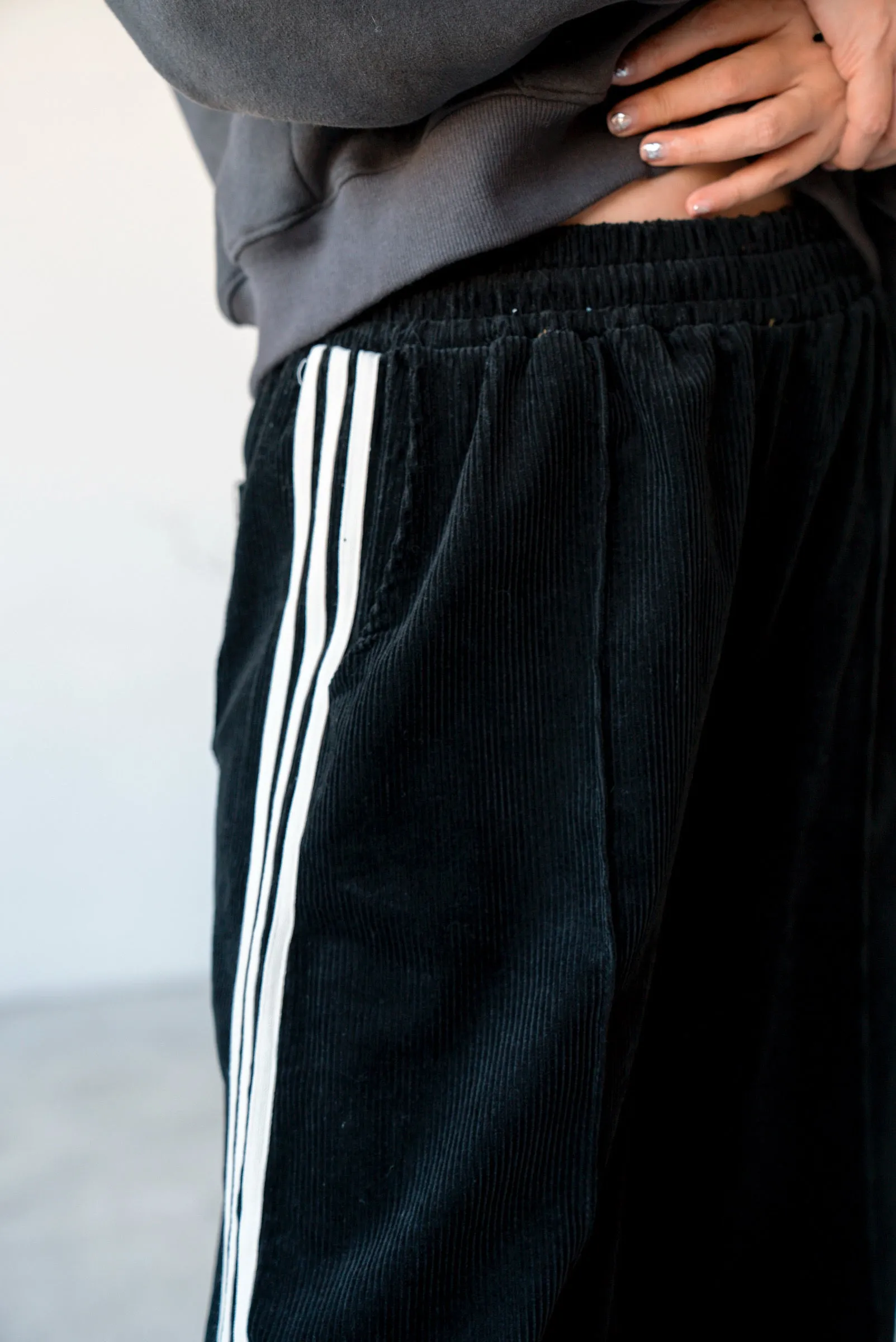 BLACK CORDUROY SPORTY TRACK PANTS