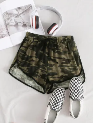 Camo Print Drawstring Waist Dolphin Shorts