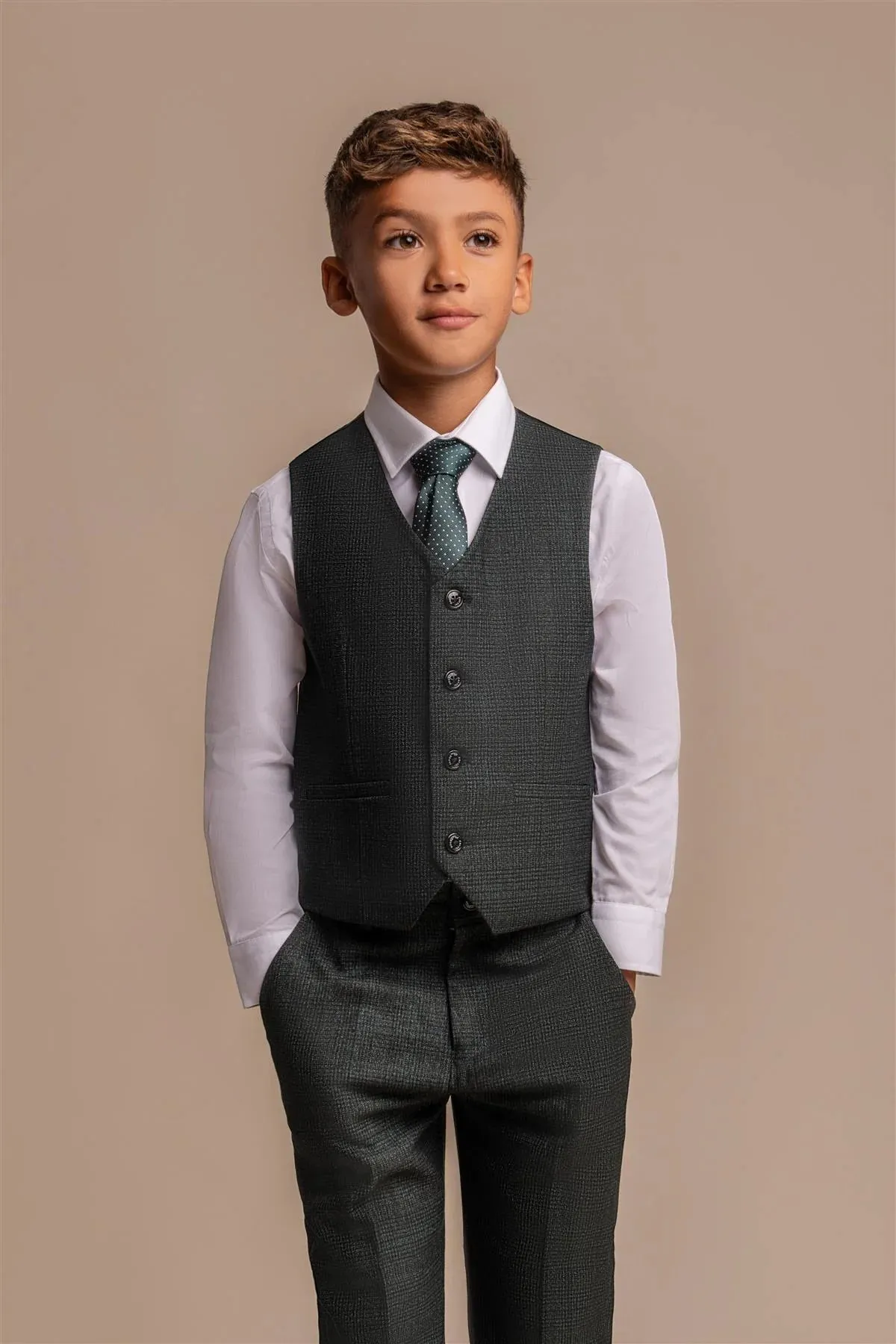 Caridi - Boys 3 Piece Olive Check Tweed Suit