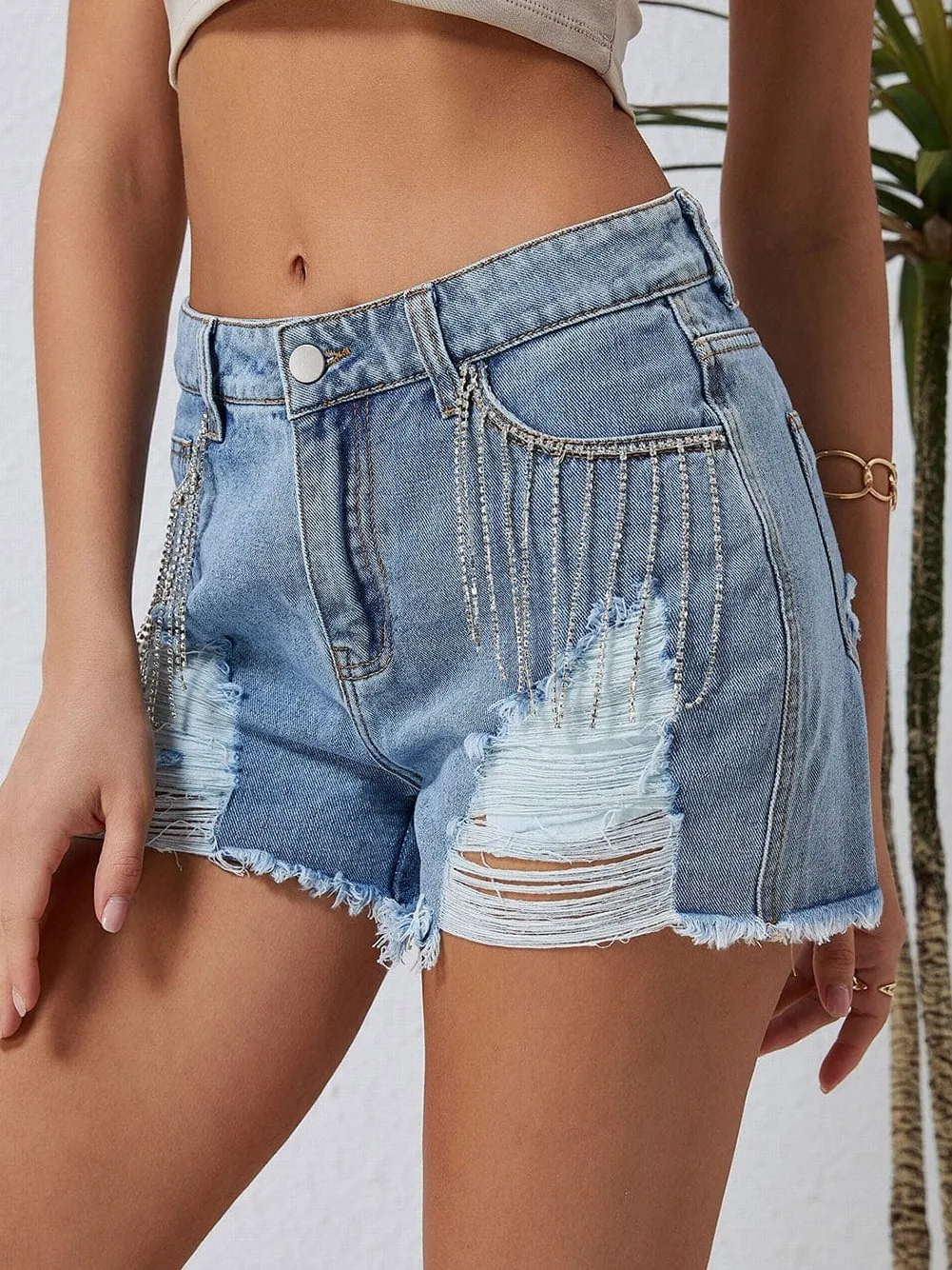 Casual Denim Shorts with Elegant Rhinestone Detail