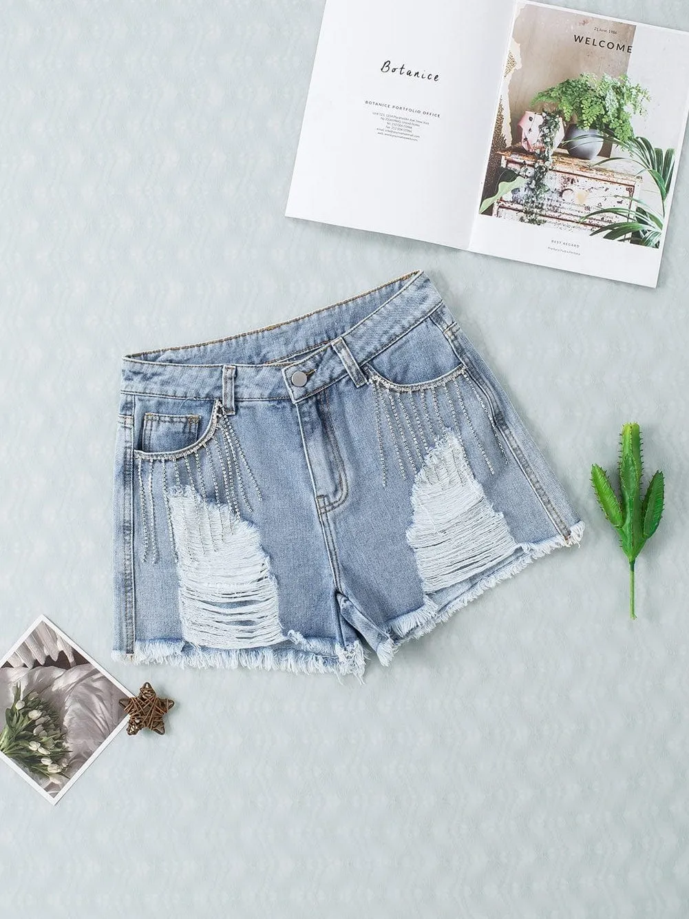 Casual Denim Shorts with Elegant Rhinestone Detail