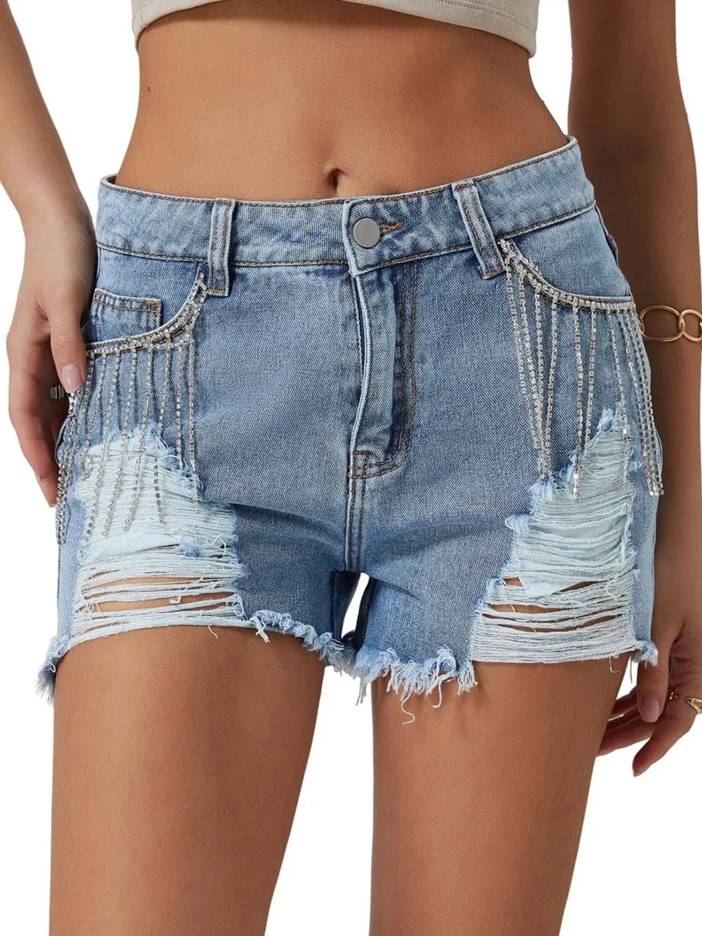 Casual Denim Shorts with Elegant Rhinestone Detail