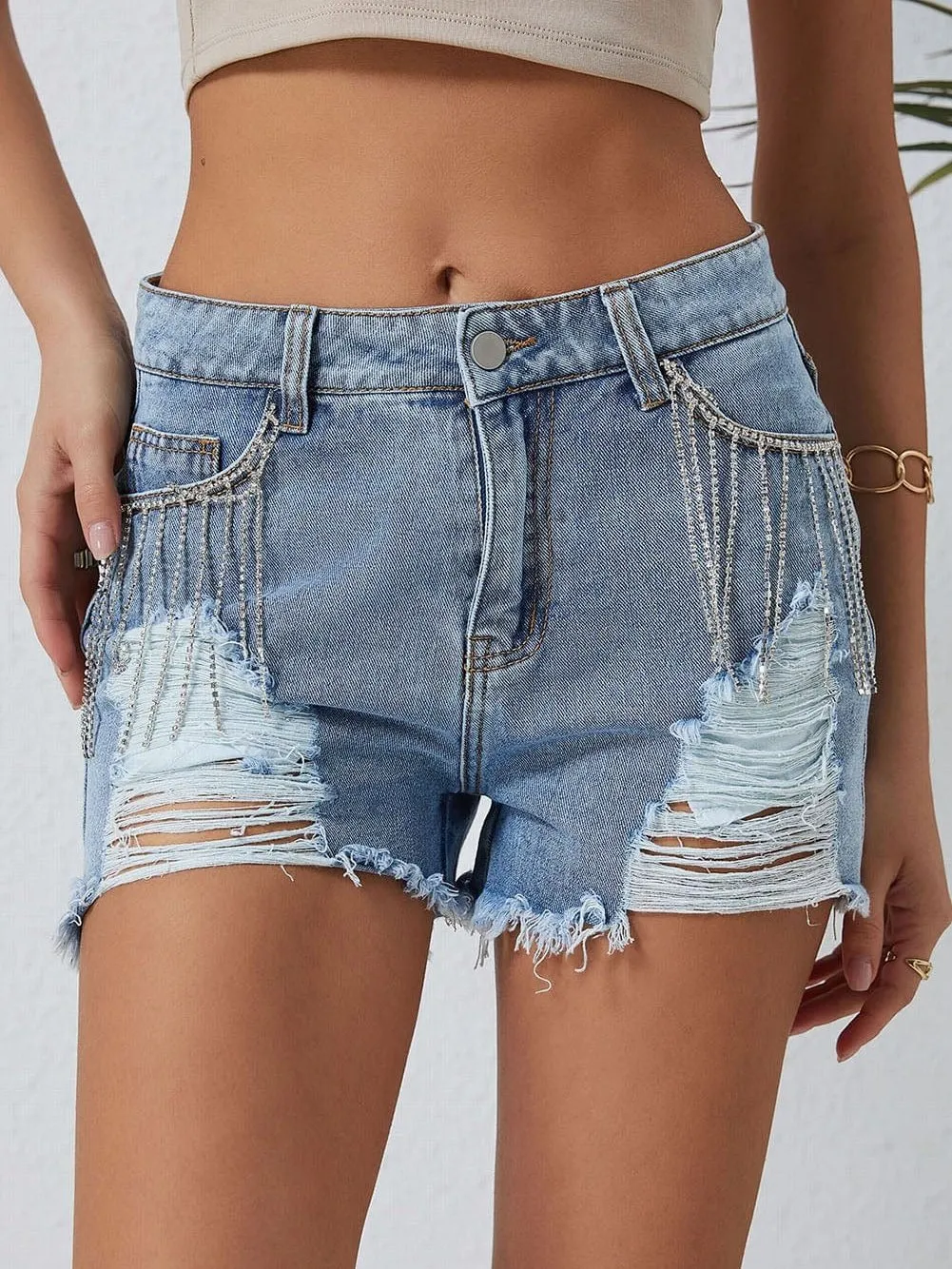 Casual Denim Shorts with Elegant Rhinestone Detail