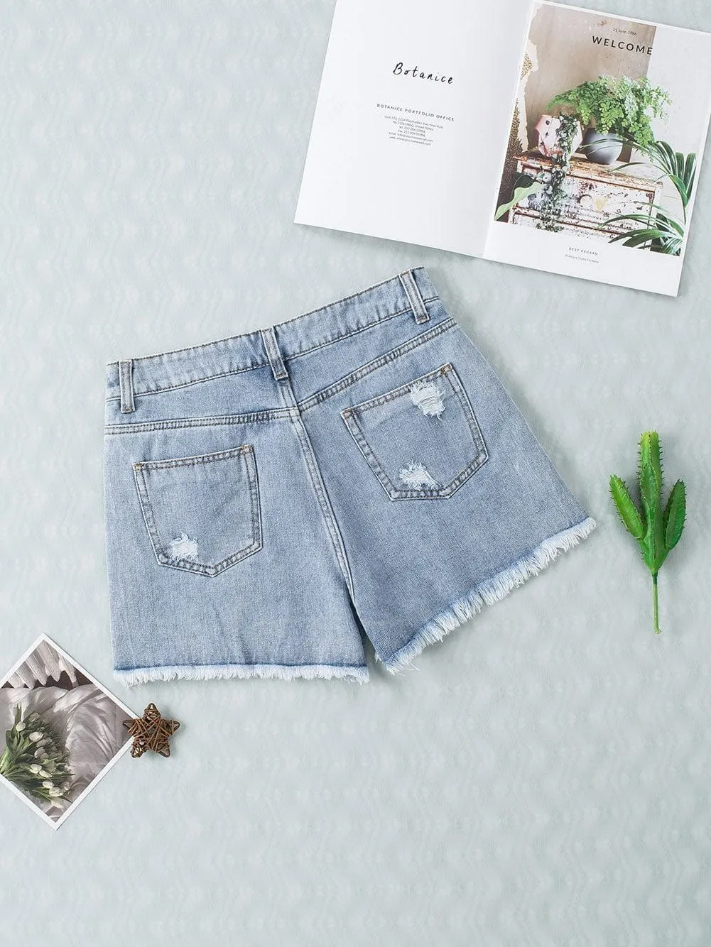 Casual Denim Shorts with Elegant Rhinestone Detail