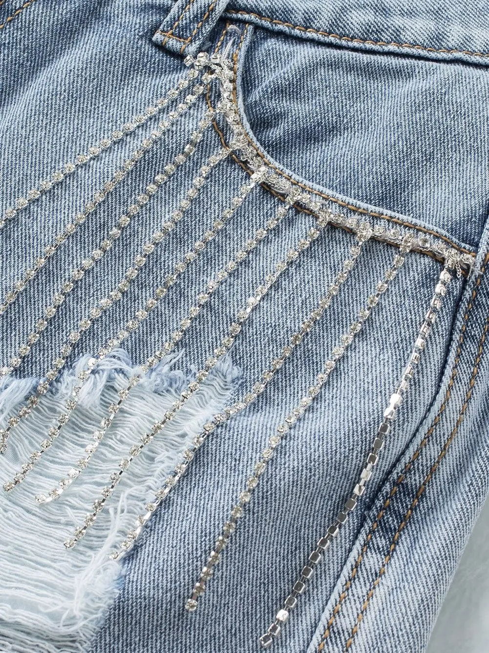 Casual Denim Shorts with Elegant Rhinestone Detail