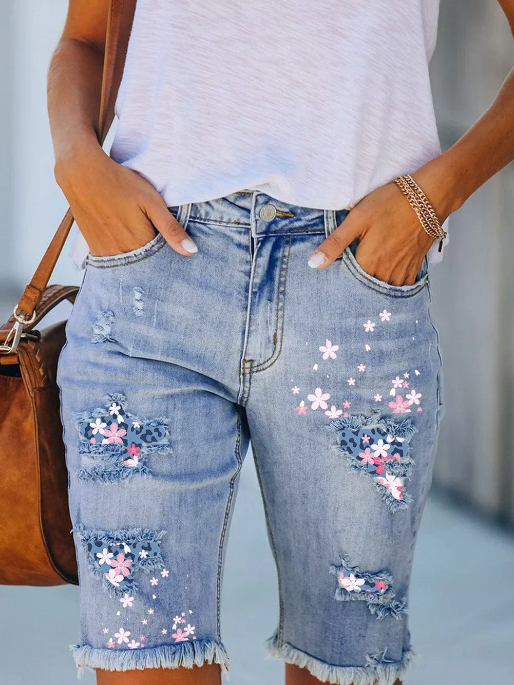 Casual Floral Denim Shorts