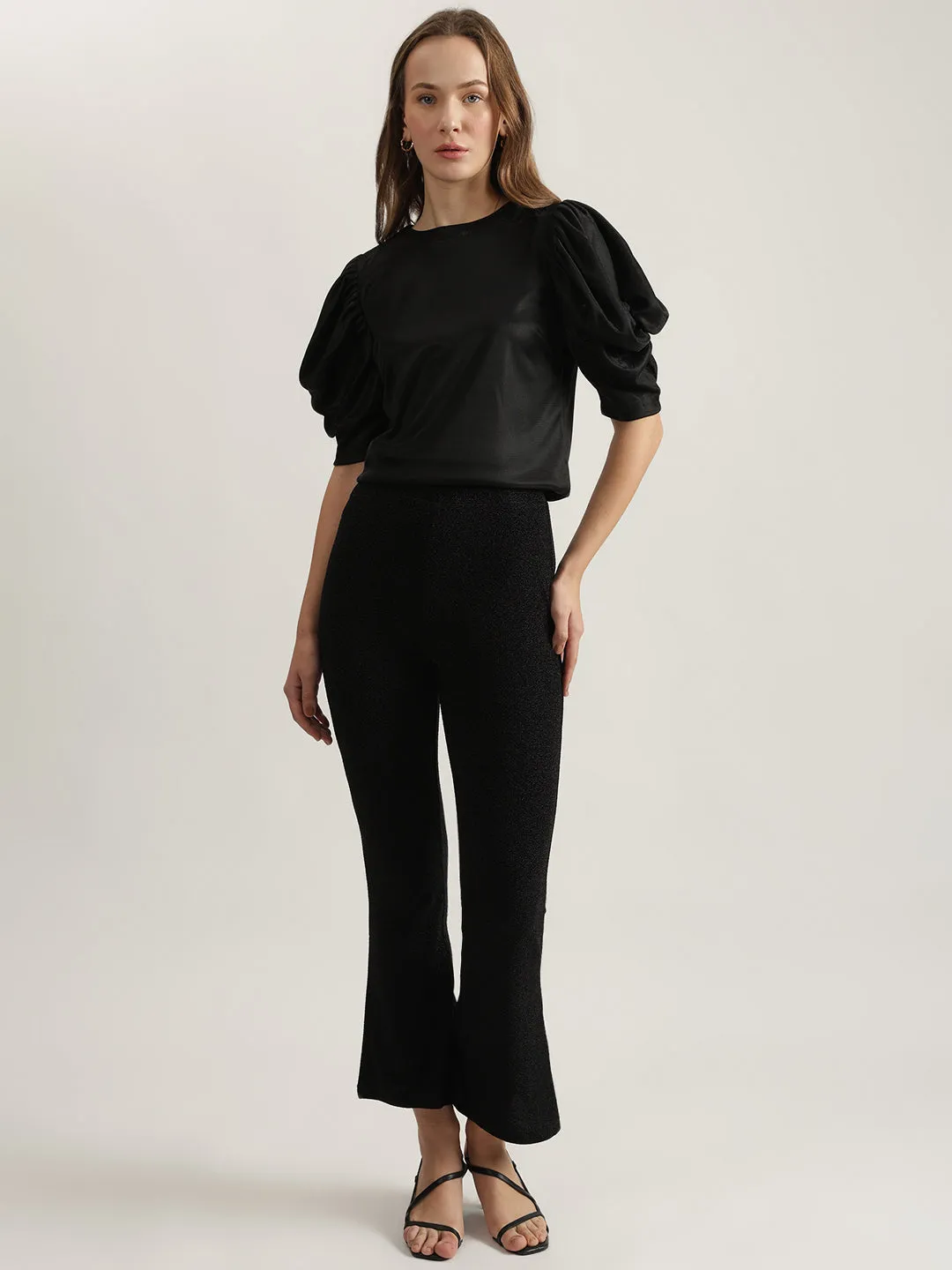 Centre Stage Women Black Solid Regular Fit Flat-Front Trouser