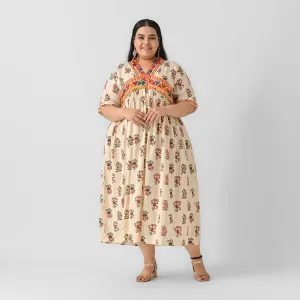 Cream Rayon Shell V-Neck Gathered Maxi Dress (Plus)