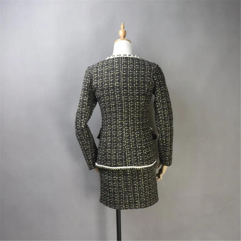 Custom Made Black Suit Golden Checked Pattern Tweed Sheath Dress   Jacket