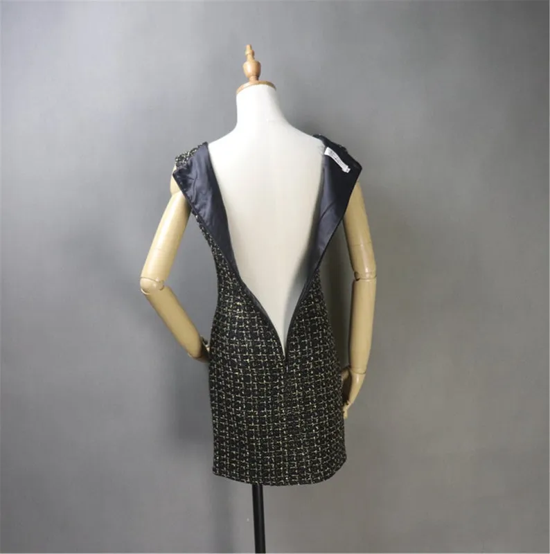 Custom Made Black Suit Golden Checked Pattern Tweed Sheath Dress   Jacket