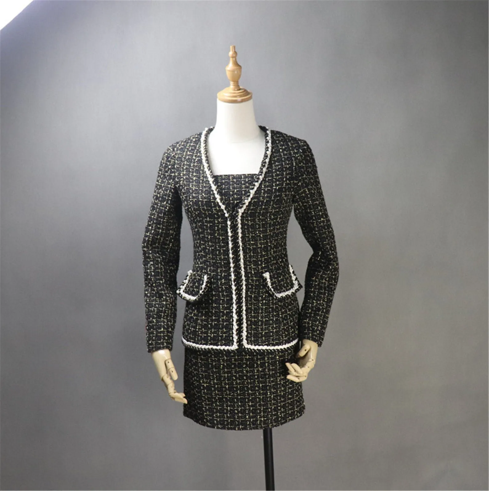 Custom Made Black Suit Golden Checked Pattern Tweed Sheath Dress   Jacket