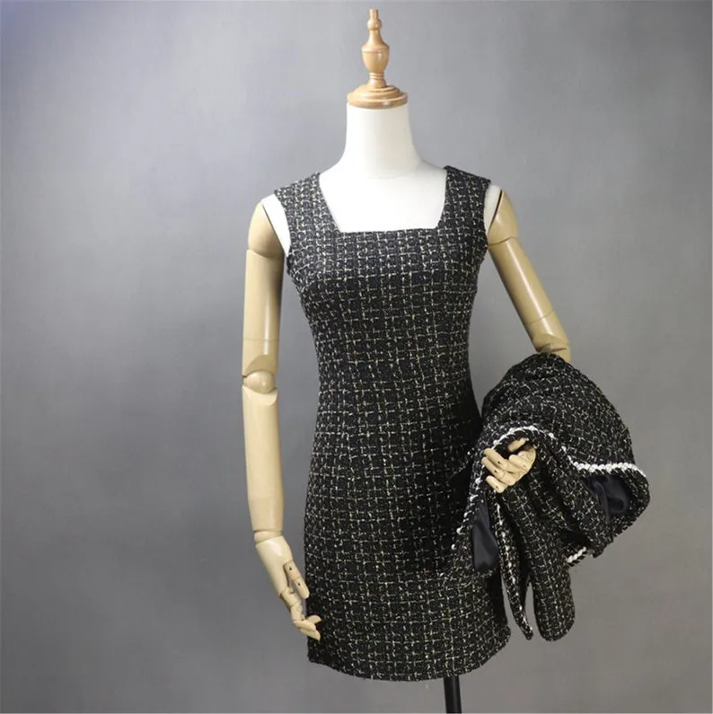 Custom Made Black Suit Golden Checked Pattern Tweed Sheath Dress   Jacket