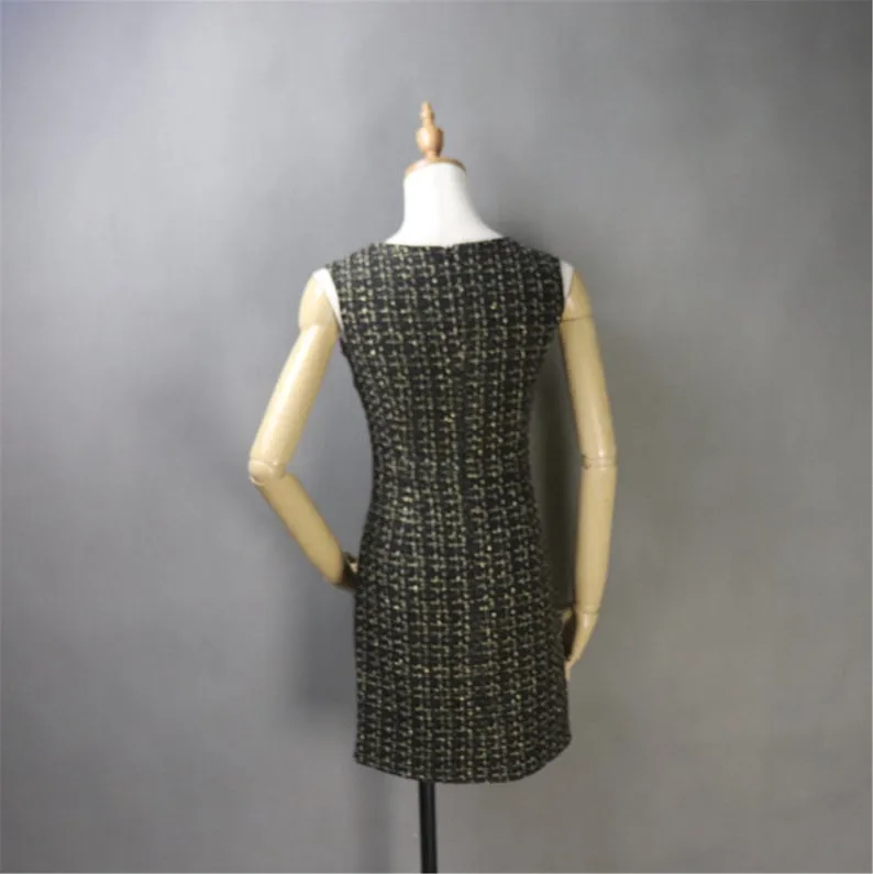 Custom Made Black Suit Golden Checked Pattern Tweed Sheath Dress   Jacket