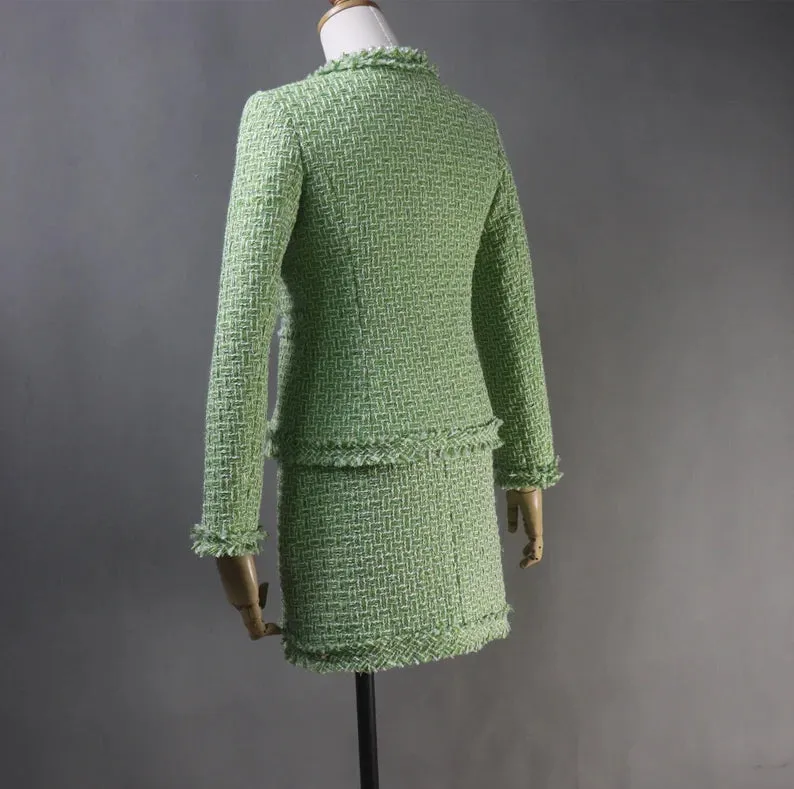 Custom Made Light Green Suit Tweed Jacket   Skirt