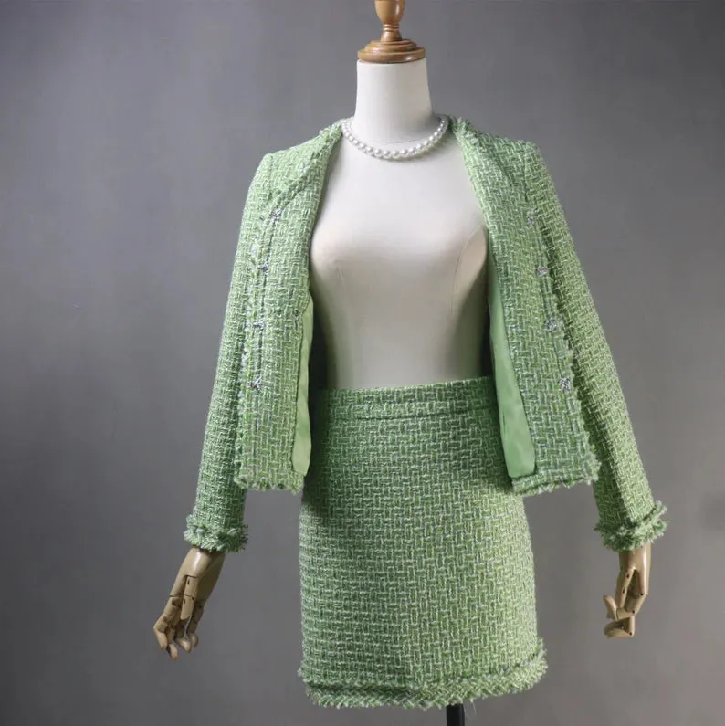 Custom Made Light Green Suit Tweed Jacket   Skirt