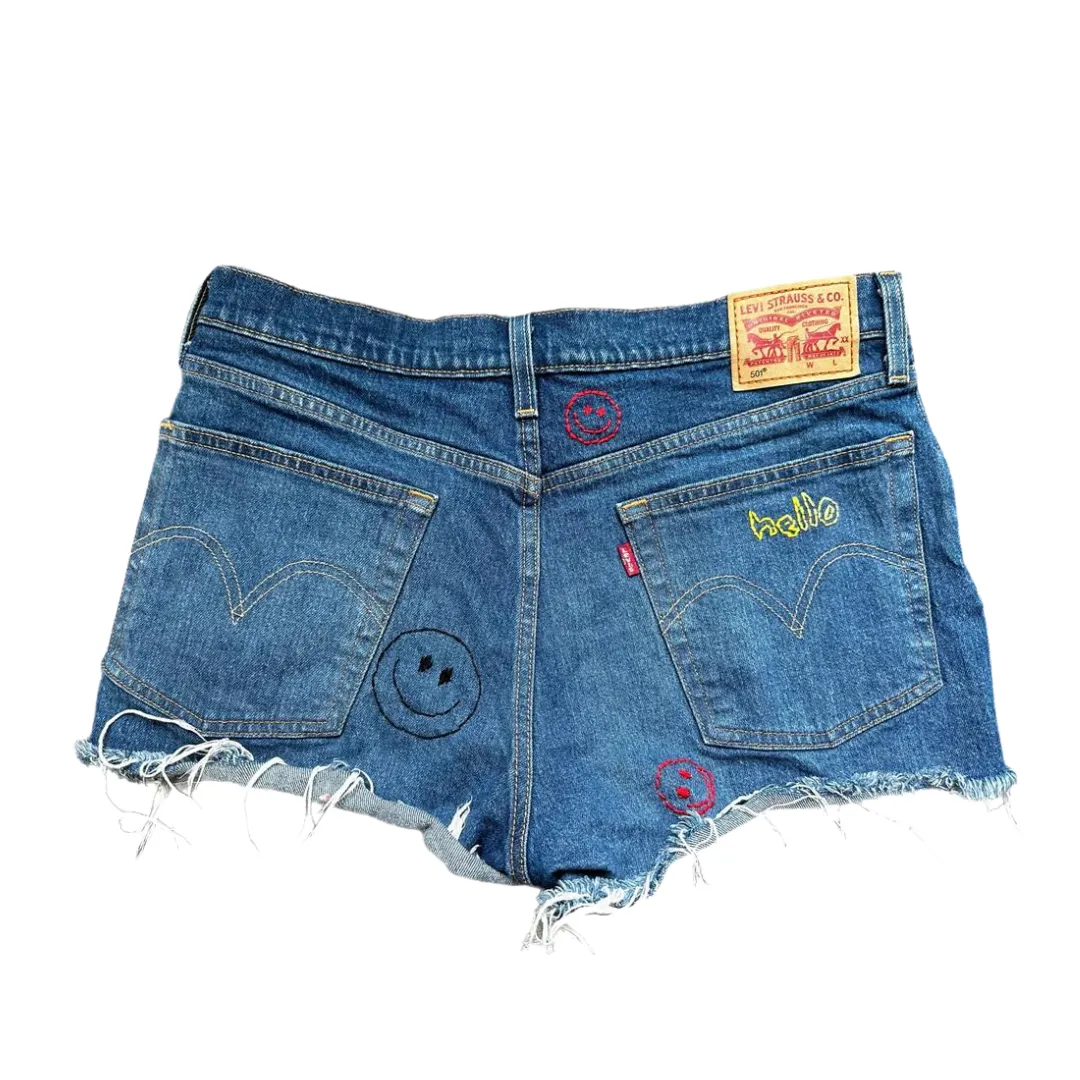 Denim Hand Embroidered Primary Shorts