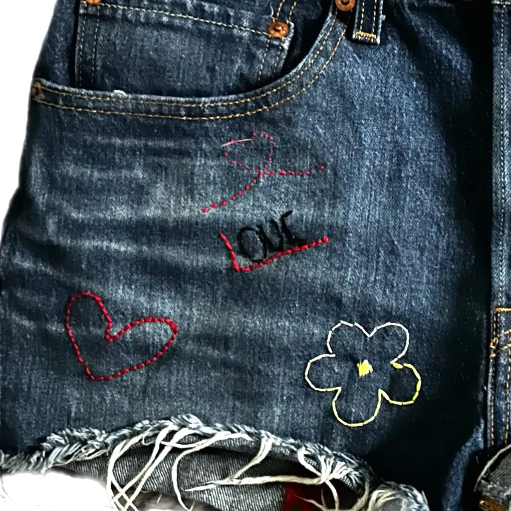 Denim Hand Embroidered Primary Shorts