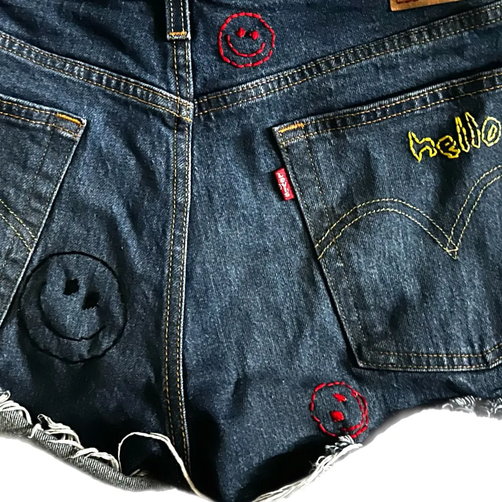 Denim Hand Embroidered Primary Shorts