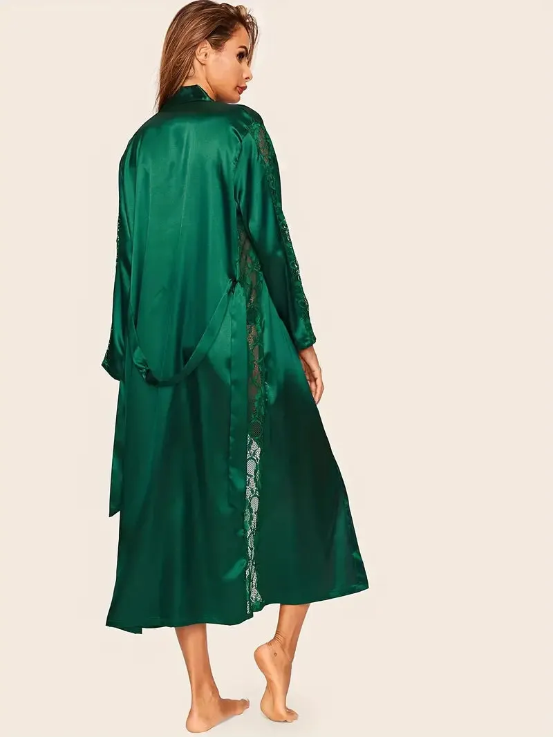 Elegant Solid Contrast Lace Hollow Out Night Robes, Comfy Long Sleeve Longline Sleep Robe With Belt, Women's Sleepwear