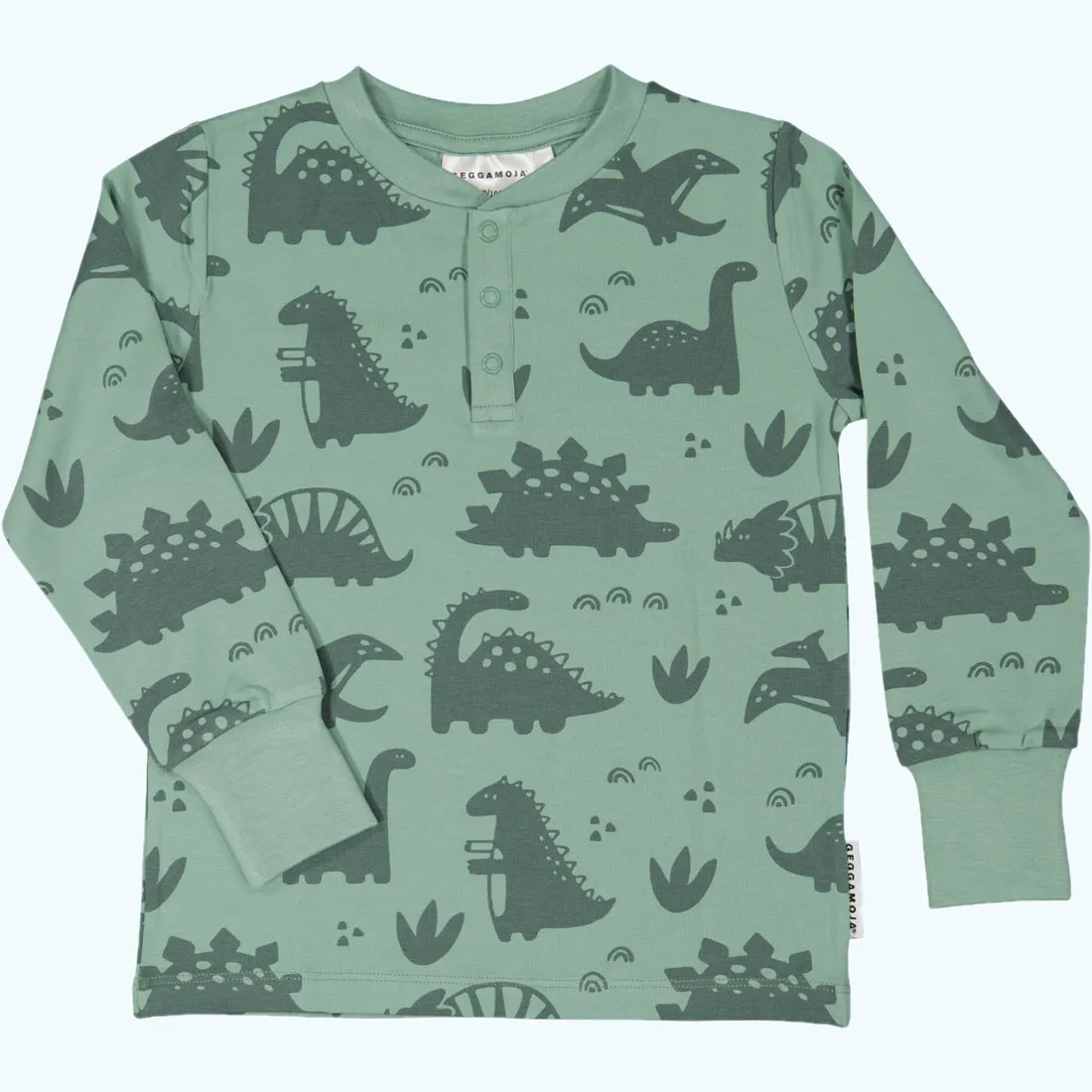 Geggamoja® Kids Long-Sleeve Henley Shirt in Organic Cotton/Bamboo - GREEN DINOS