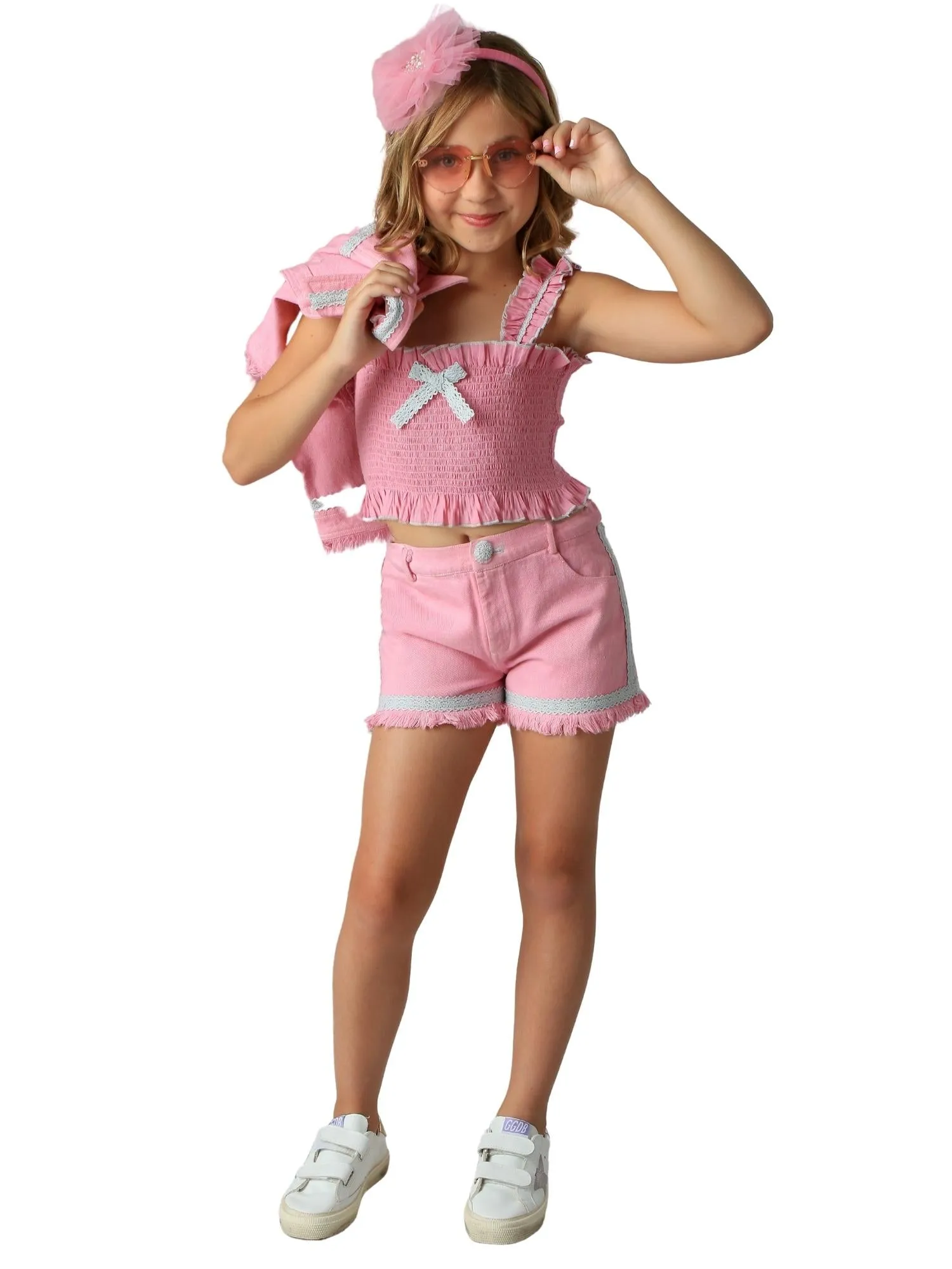 Girls Pink Denim 2 Piece Short Set, Sizes 12M-14