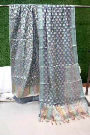 Grey Tilfi Weave 3-Piece Pure Cotton Handloom Banarasi Suit Set