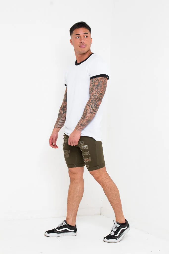 Khaki Ripped Skinny Stretch Denim Shorts