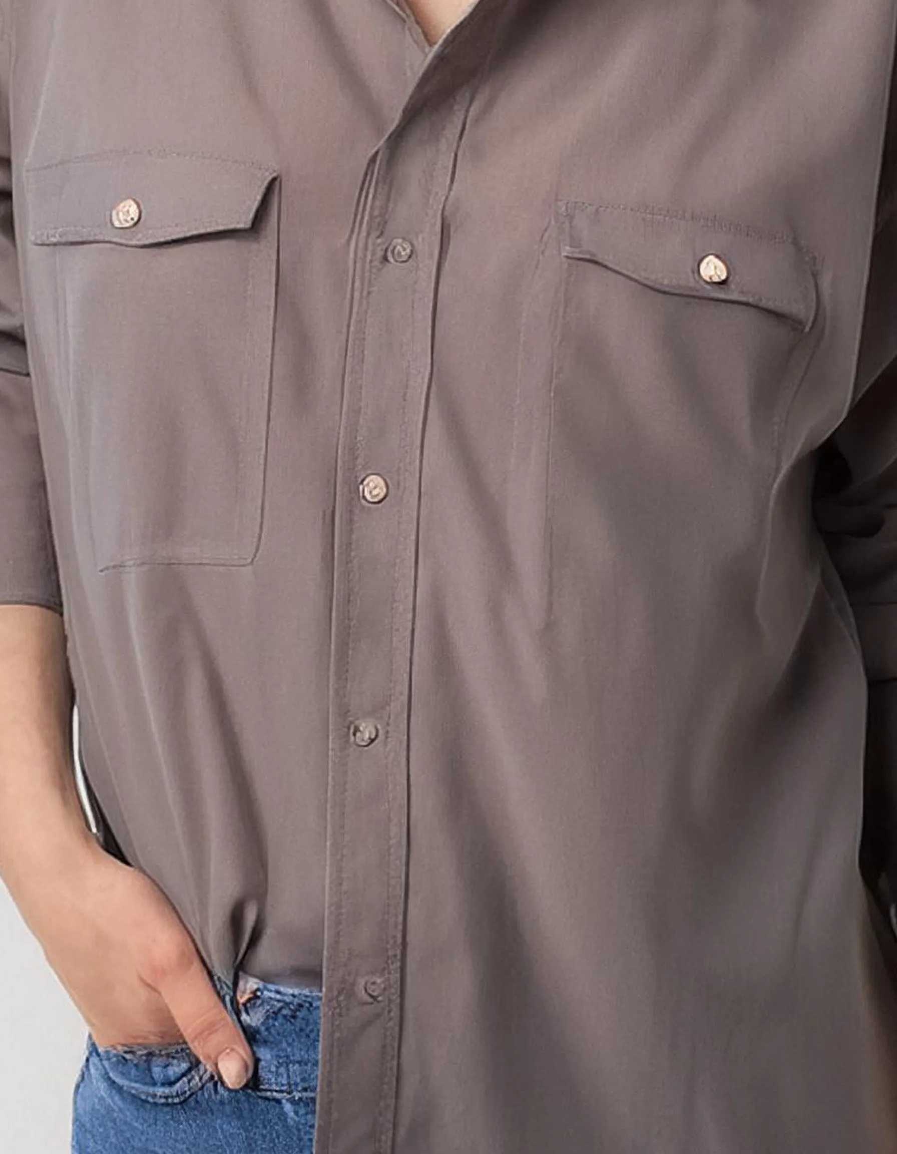 Khaki Three-Quarter Sleeve Dress Shirt