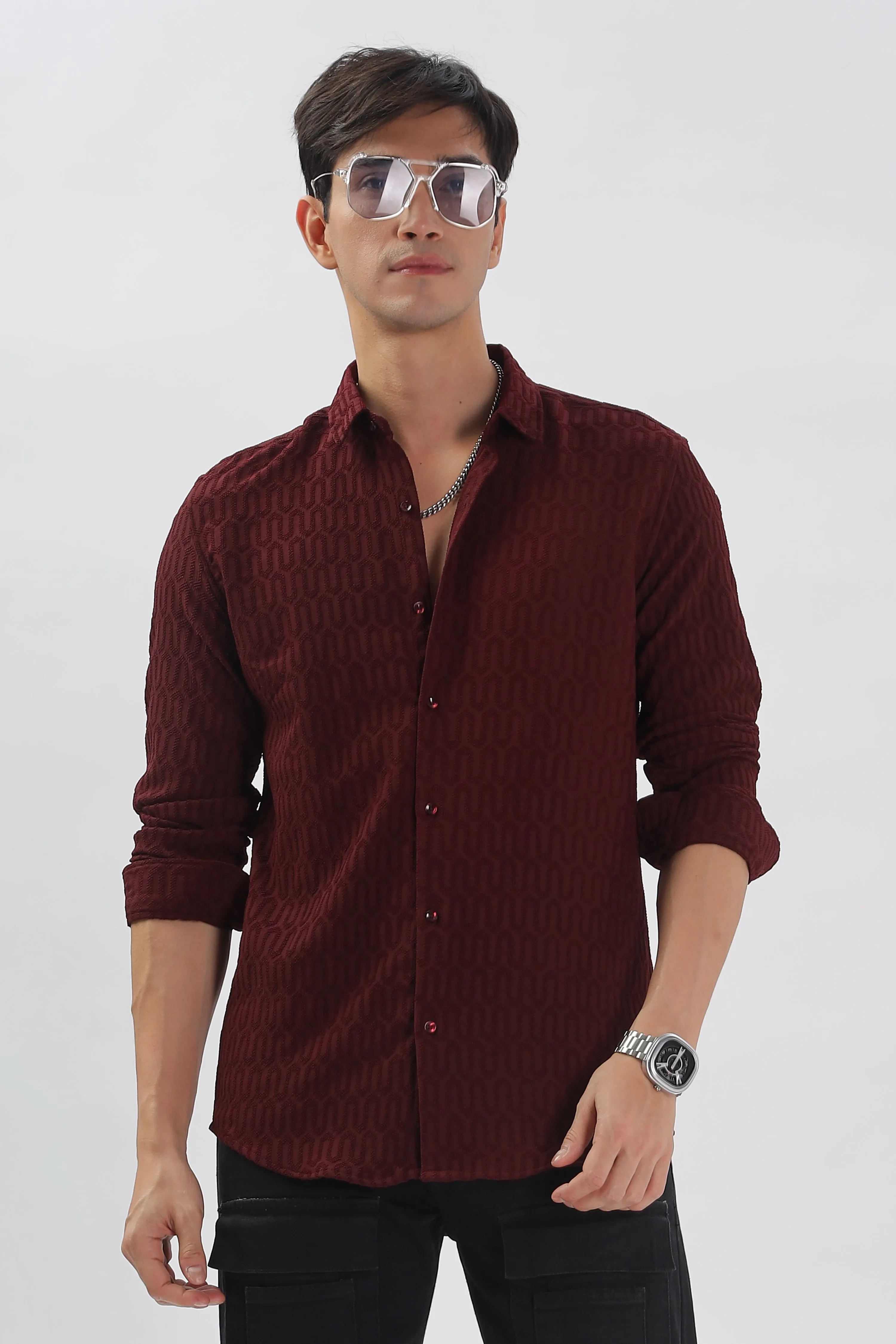 Maroon - Modern Fit Textured Shirt