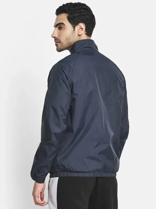 Men Navy Blue Geometric Sporty Jacket With Embroidered