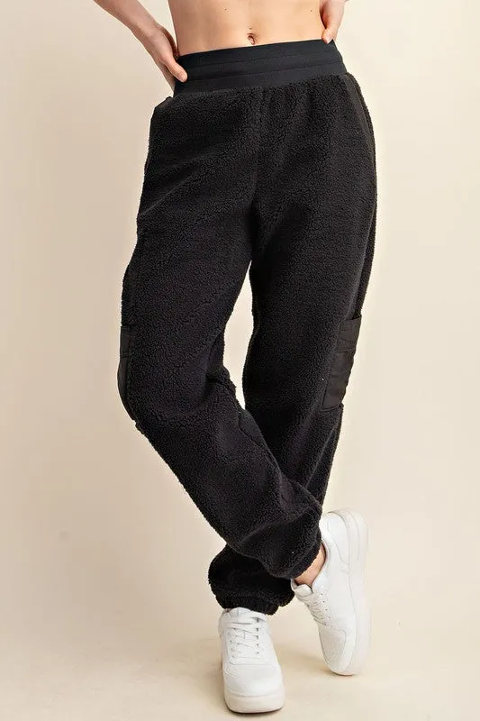 MICRO SHERPA CARGO SWEATPANTS - BLACK OR TAUPE