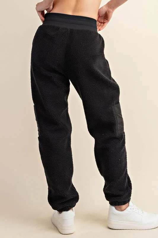 MICRO SHERPA CARGO SWEATPANTS - BLACK OR TAUPE