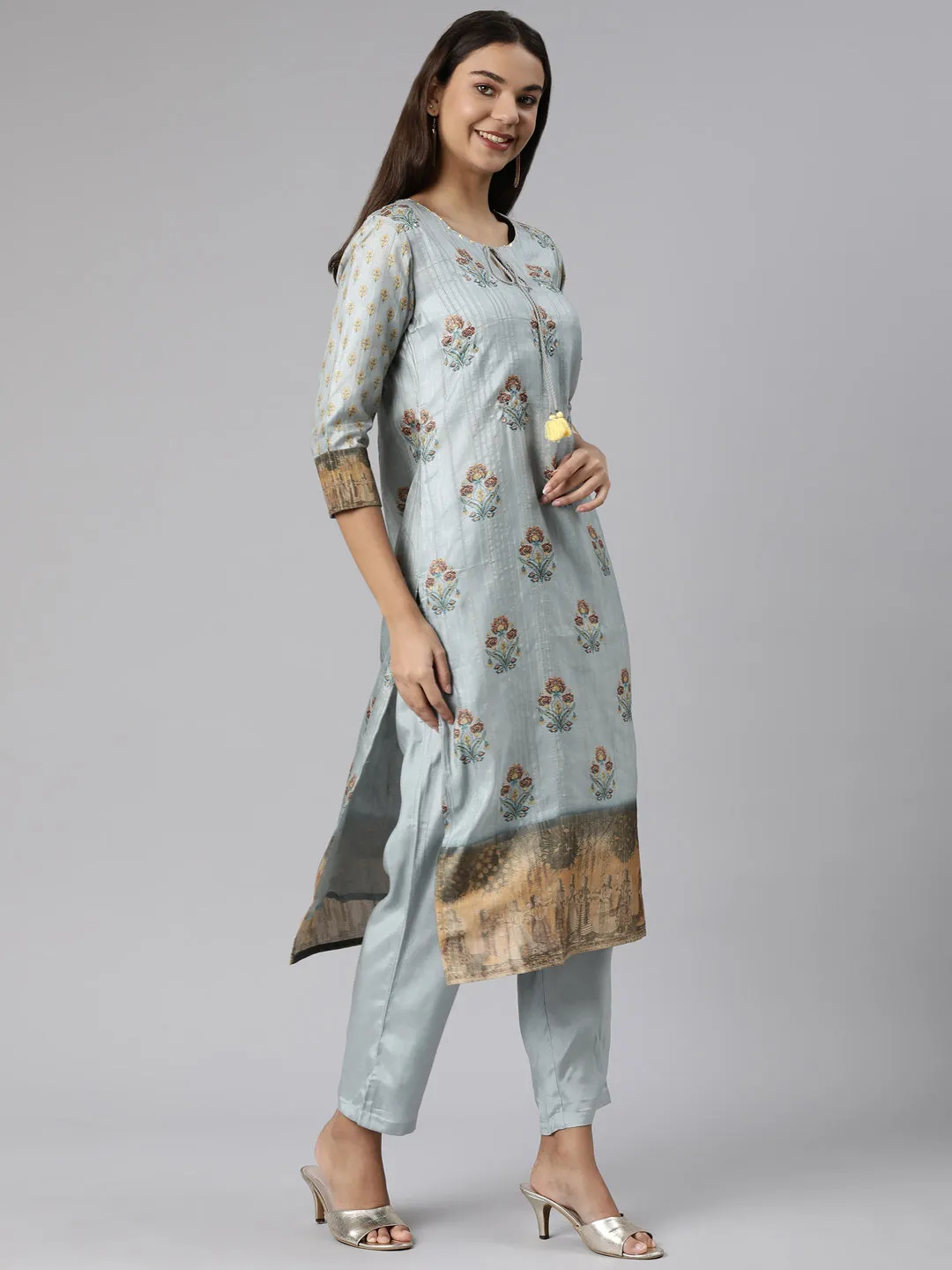 Neeru's Blue Regular Straight Floral Kurta And Trousers With Dupatta