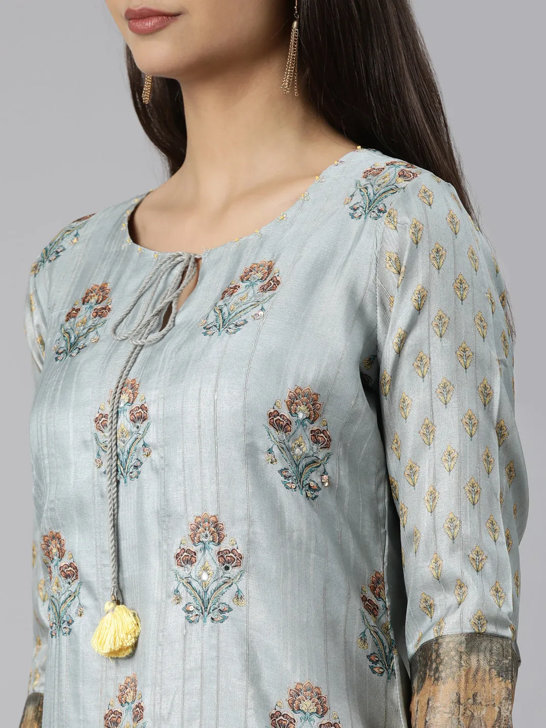 Neeru's Blue Regular Straight Floral Kurta And Trousers With Dupatta