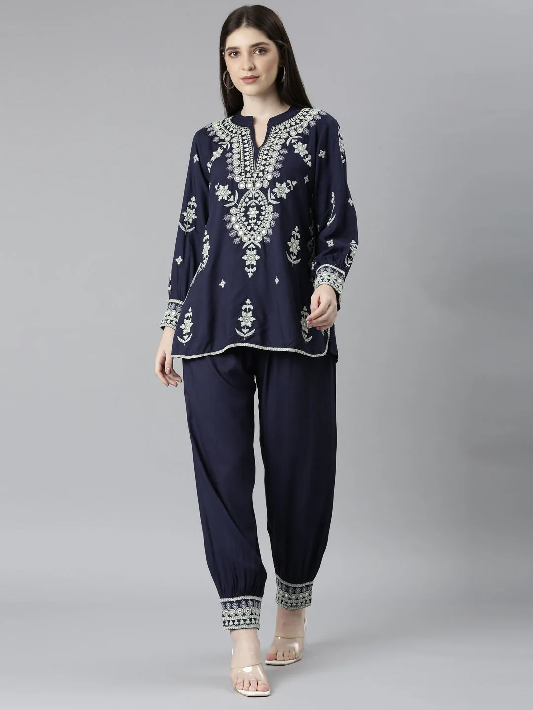 Neeru's Navy Blue Regular Straight Solid Top And Trousers