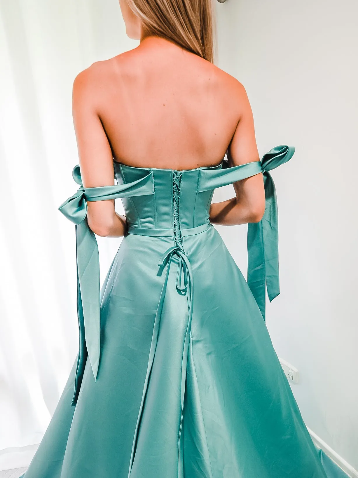 Pastel green bustier top corset back satin princess dress