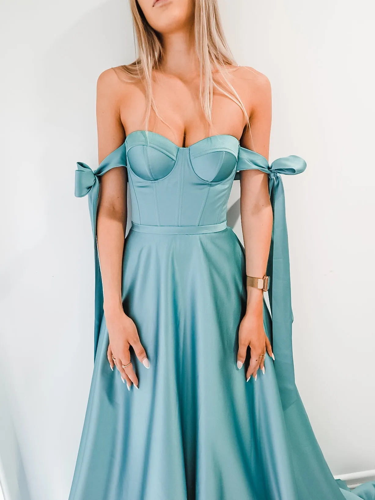 Pastel green bustier top corset back satin princess dress