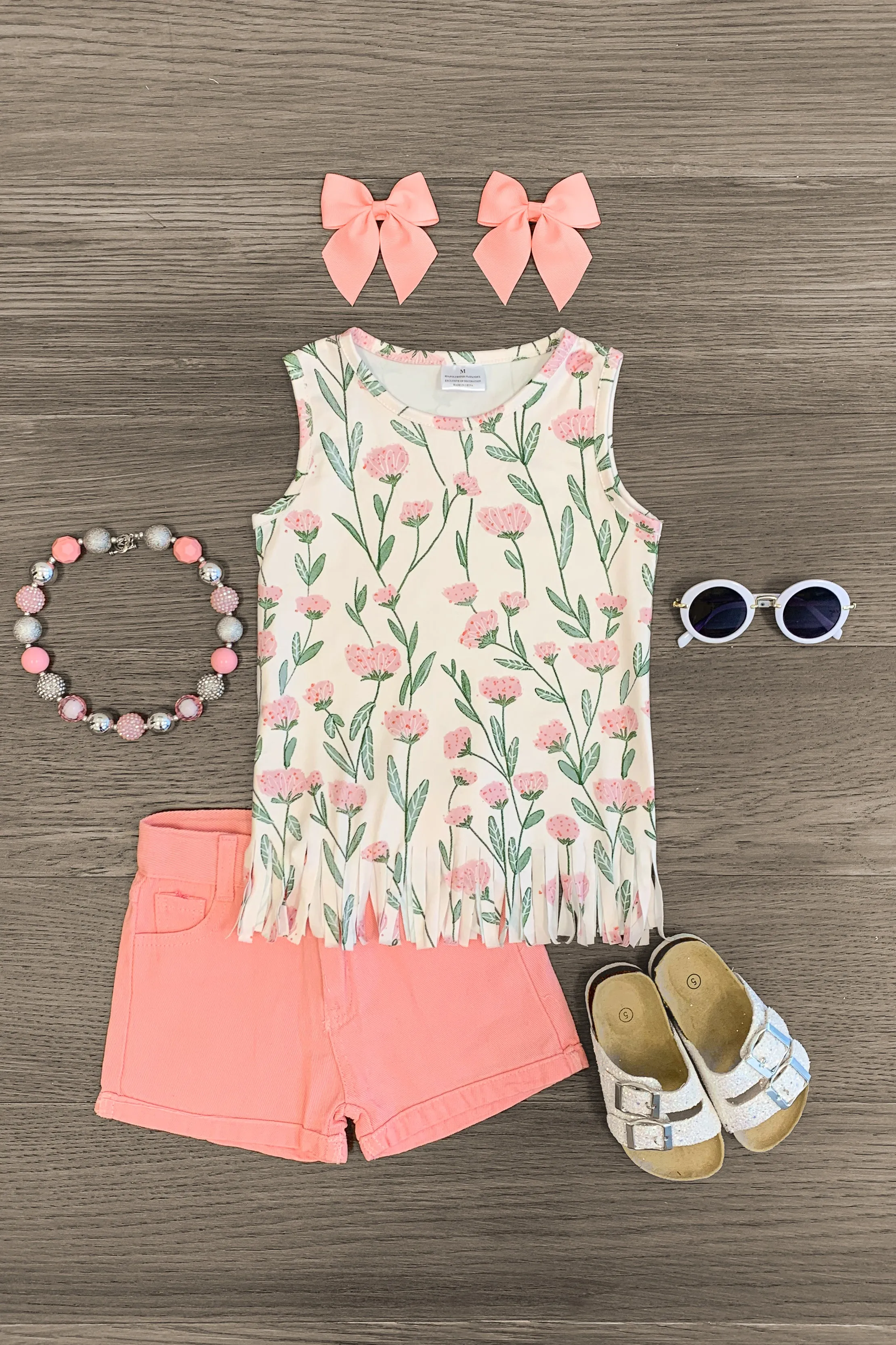 Pink & Green Floral Fringe Denim Short Set