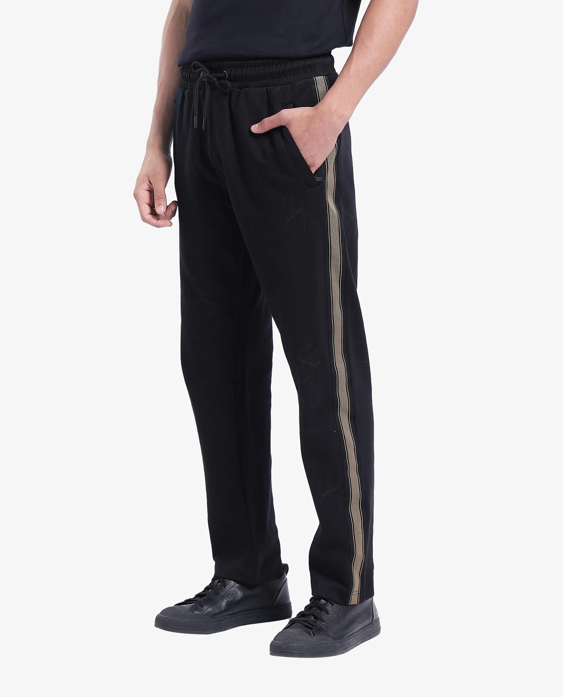 Rare Rabbit Men's Tracksign Black Cotton Blend Fabric Drawstring Closure Side Stripe Trackpant