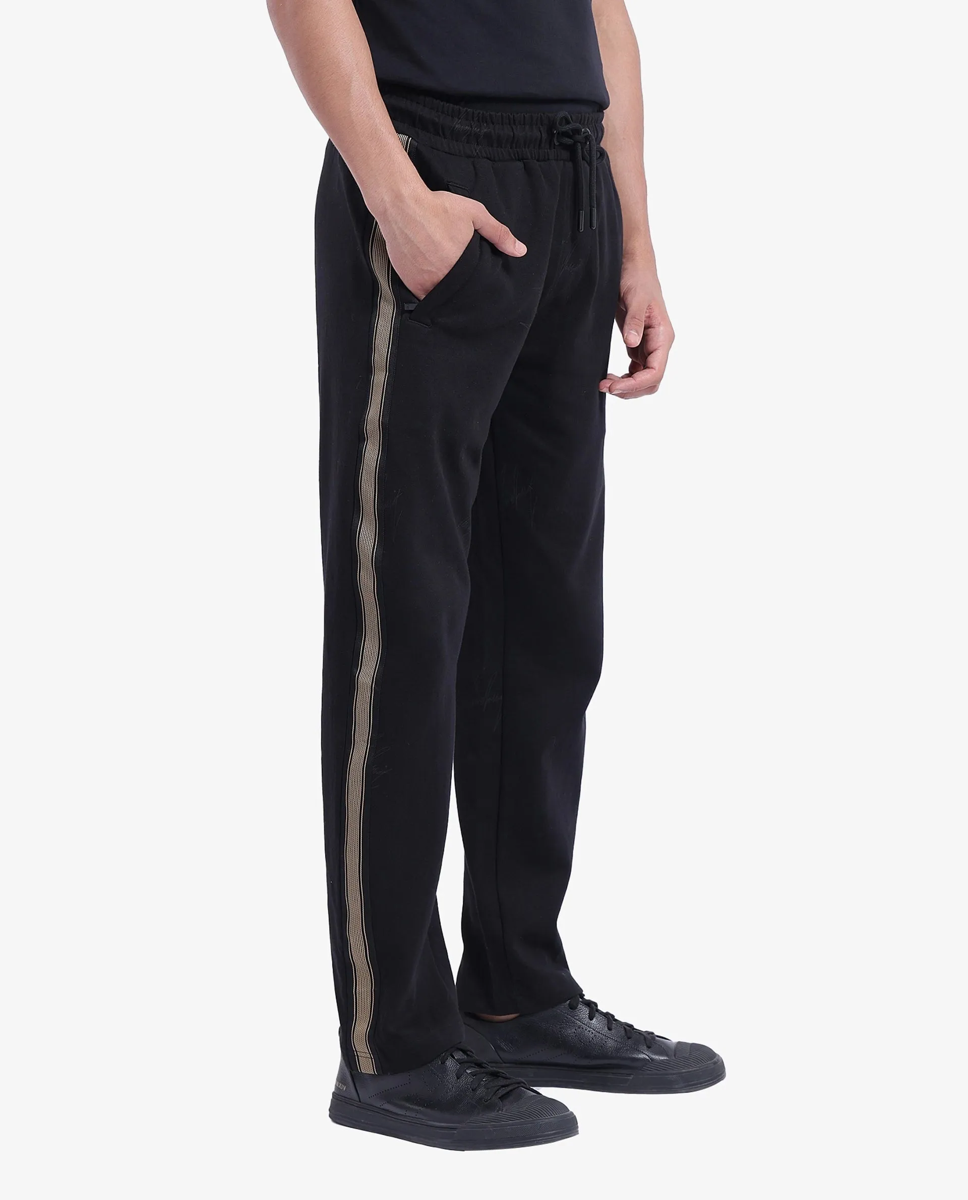 Rare Rabbit Men's Tracksign Black Cotton Blend Fabric Drawstring Closure Side Stripe Trackpant