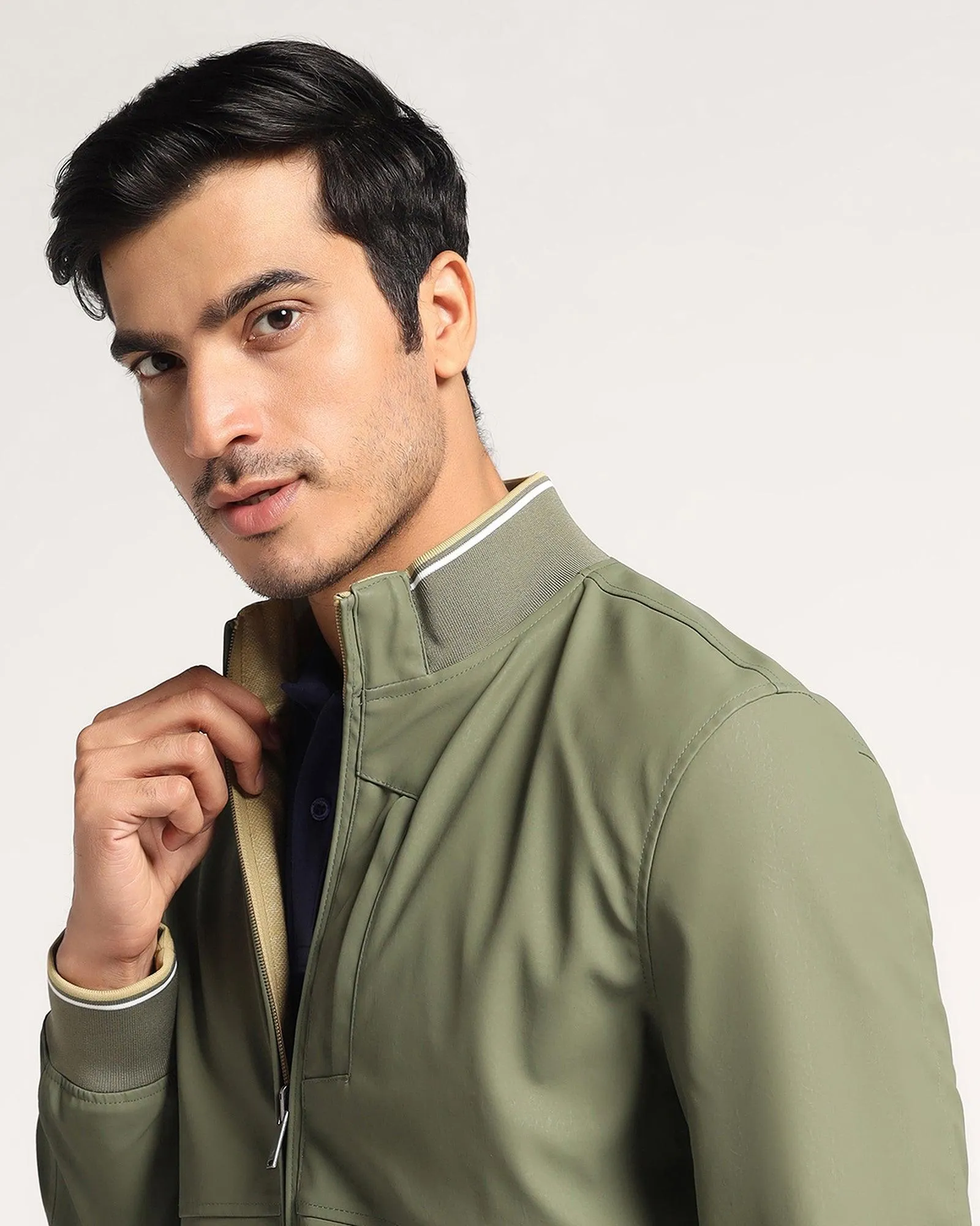 Reversible Olive Solid  Zipper Jacket - Kevin