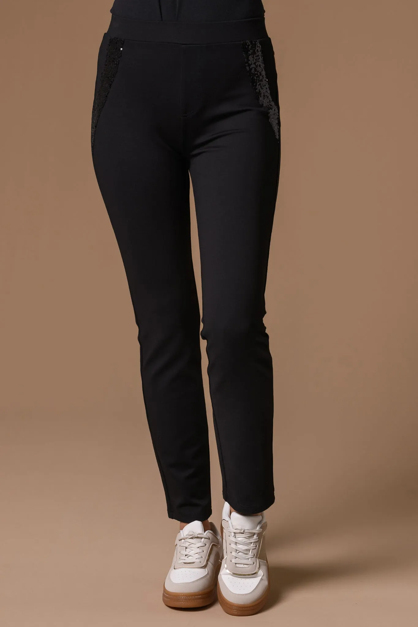 Sequin Pocket Jeggings-Black