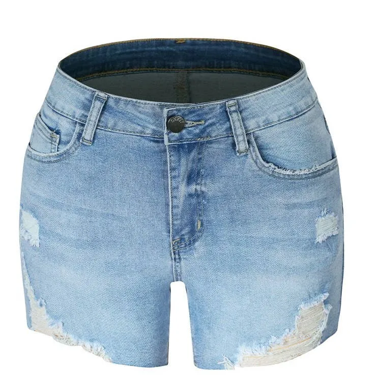 Sky Blue Distressed Washed Denim Shorts