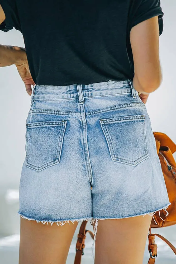 Sky Blue Distressed Washed Denim Shorts