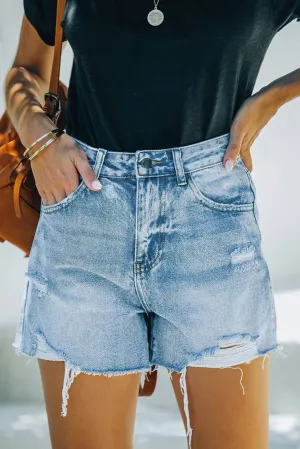 Sky Blue Distressed Washed Denim Shorts